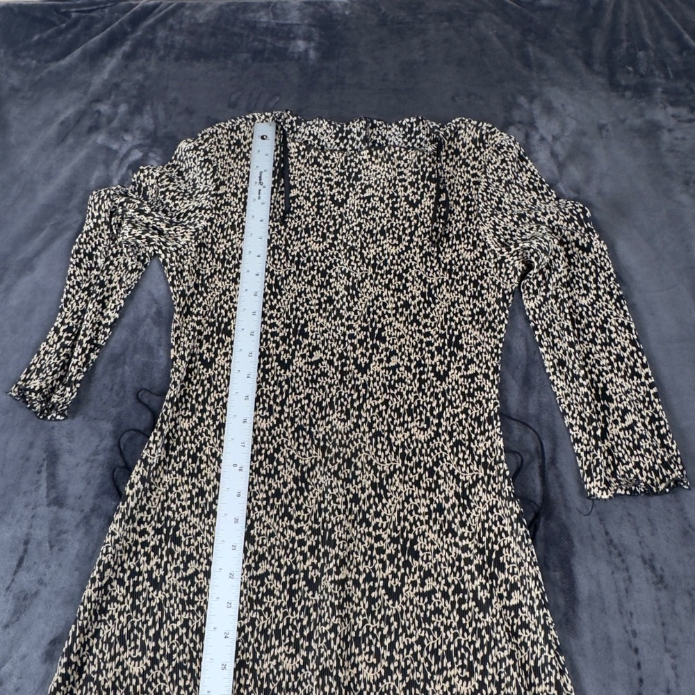 Connected Apparel Midi Dress Womens 10 Black Tan Leaf Print Pleated Asymmetrical - Picture 2 of 6